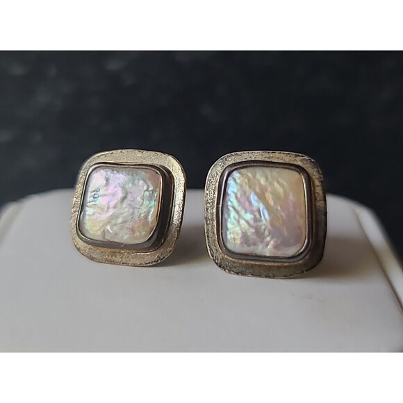 925 Sterling Silver Real Pearl Square Shaped Stud Earrings Vintage - Picture 4 of 10